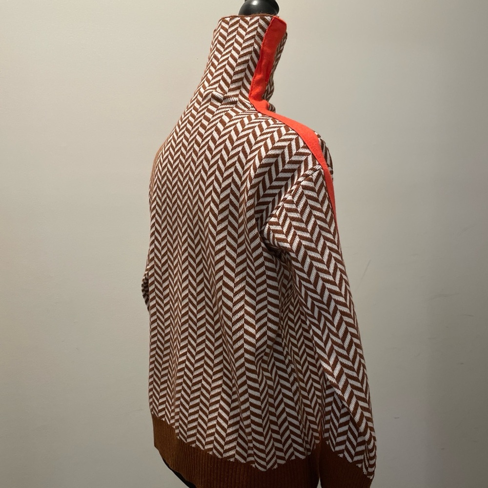 Women’s Pullover Sweater Size S Brown White Orange HighNeck Classic Herringbone - Picture 4 of 11